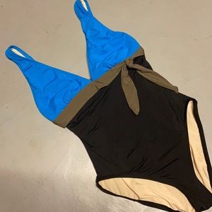 Color-blocked Vivid Blue Brown Black Bathing suit 10 high back Sample